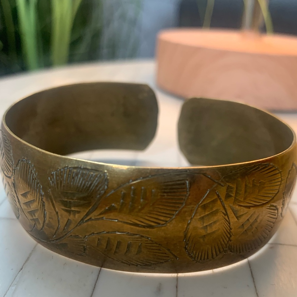 1960s Brass Bracelet Cuff - Floral Etched, Sarna Brass Made in India